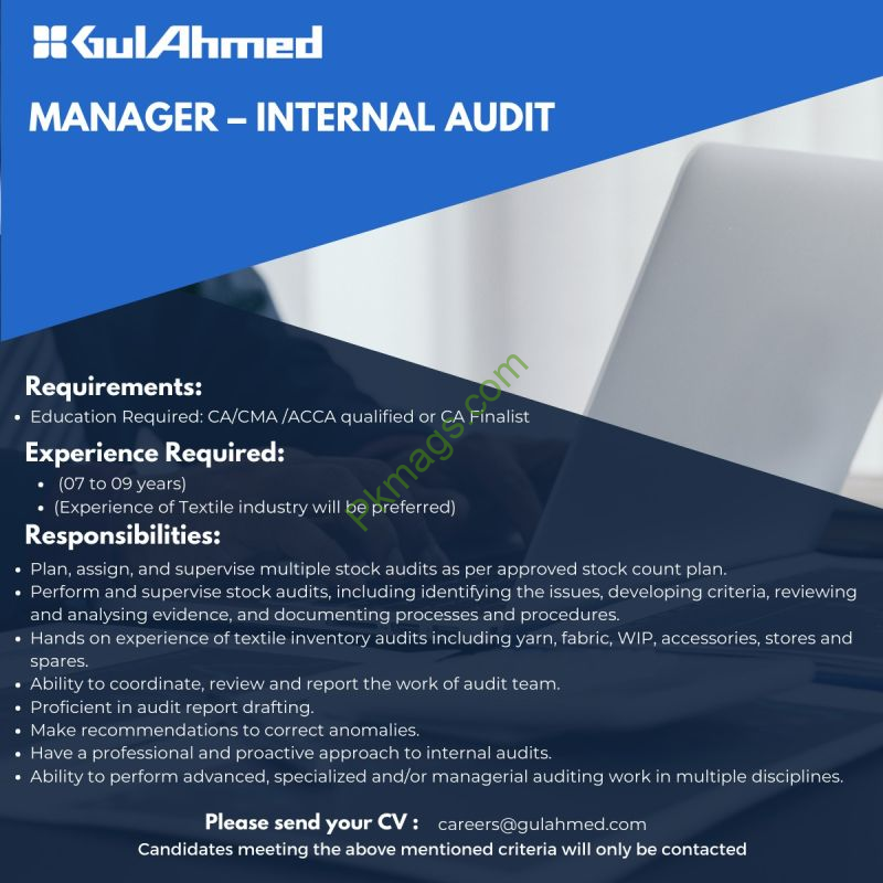 Gul Ahmed Careers Jobs 2023 For Manager Internal Audit Jobs In Pakistan