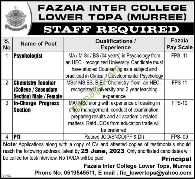 Fazaia Inter College Lower Toppa Murree Jobs 2023 Latest